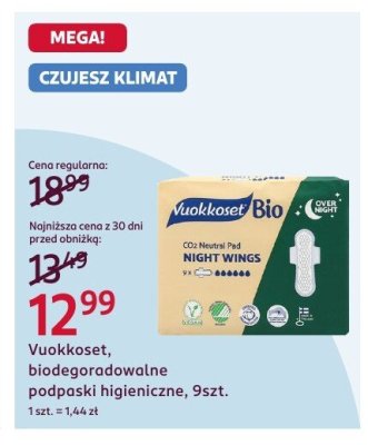 Podpaski higieniczne Vuokkoset, biodegradowalne, 9szt. promocja w Rossmann