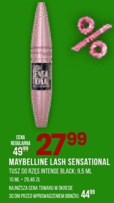 Tusz do rzęs MAYBELLINE LASH SENSATIONAL INTENSE BLACK, 9,6 ML promocja w Drogerie Natura
