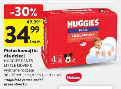 Pieluchomajtki dla dzieci HUGGIES PANTS LITTLE MOVERS wybrane rodzaje 30 - 36 szt. promocja w Intermarche