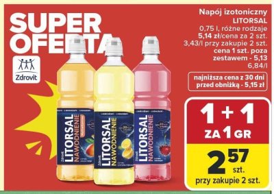 Napój izotoniczny LITORSAL różne rodzaje 0,75 l promocja w Carrefour Market