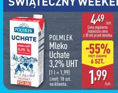 Mleko Uchate 3,2% UHT POLMLEK promocja w Aldi