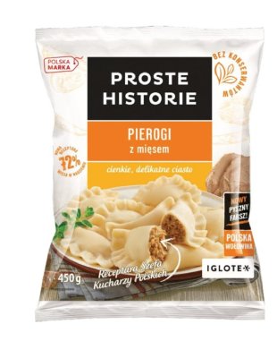 Pierogi ze szpinakiem i brokułami/Z mięsem/Po wiejsku z pieczarkami i mięsem/Z serem Proste Historie Iglotex promocja w Leclerc