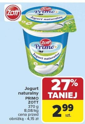 Jogurt naturalny ZOTT PRIMO 370 g 8,01/kg promocja w Carrefour