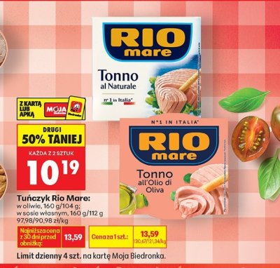 Tuńczyk Rio Mare: w oliwie, 160 g/104 g; w sosie własnym, 160 g/112 g promocja w Biedronka