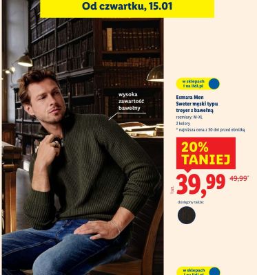 Sweter męski typu troyer z bawełną  promocja w Lidl