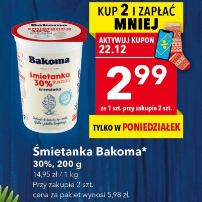 Śmietanka Bakoma 30%, 200 g promocja w LEWIATAN