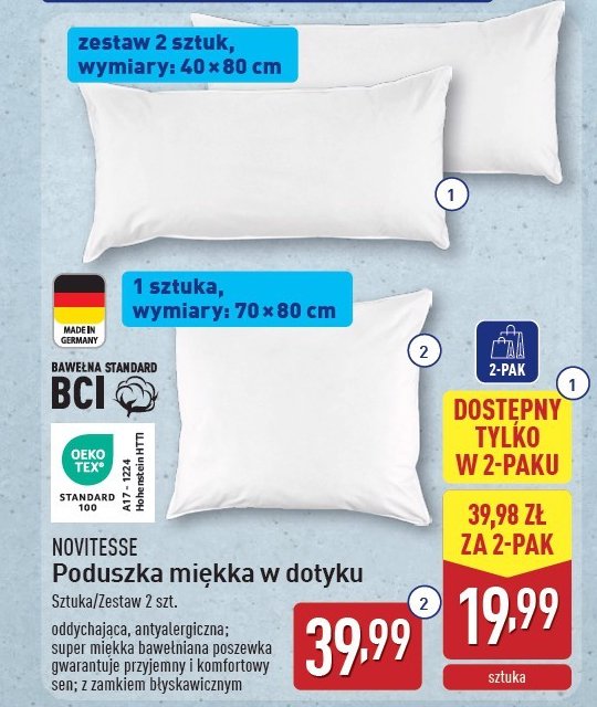 Poduszka 70 x 80 softtouch Novitesse promocja w Aldi