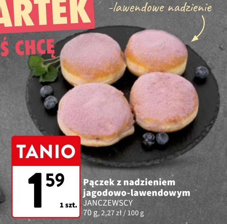 Pączek z pudrem z nadzieniem jagoda lawenda Janczewscy promocja w Intermarche