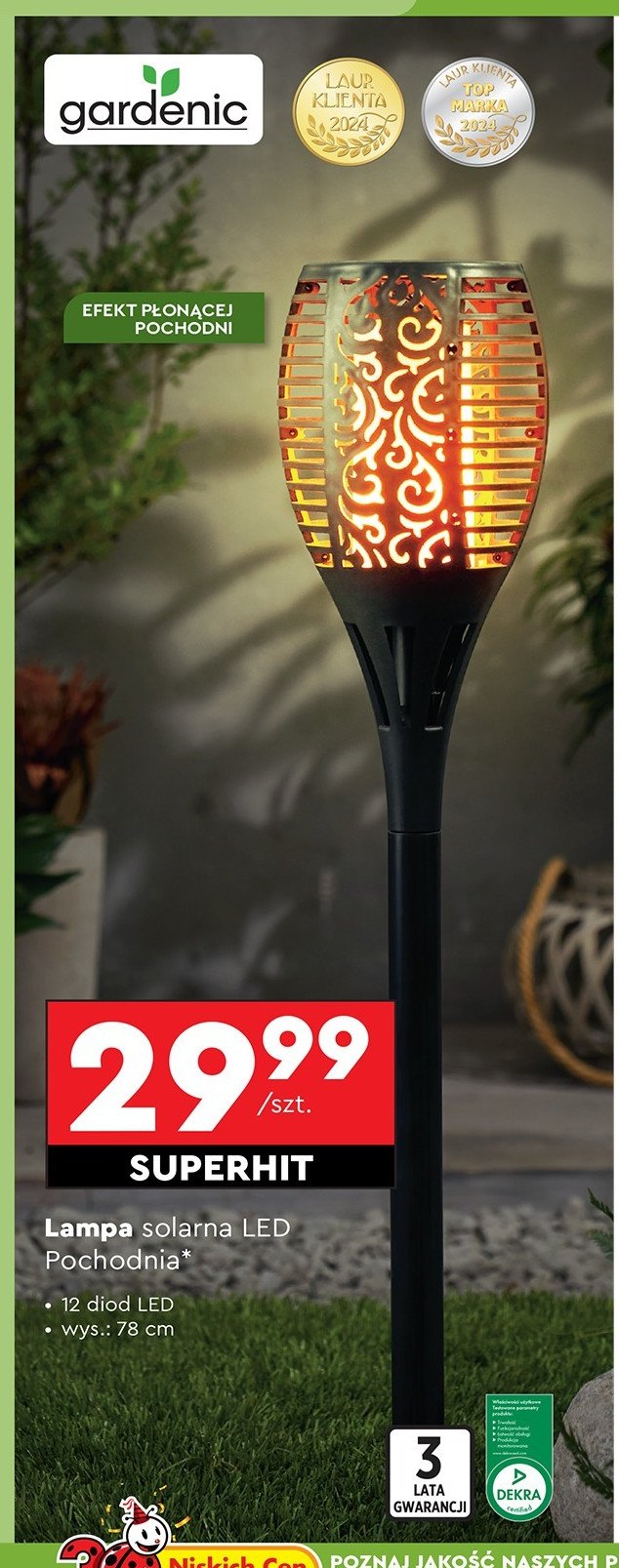 Lampa solarna pochodnia flame wys. 78 cm Gardenic yard promocja w Biedronka
