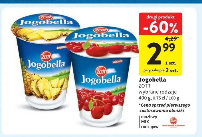 Jogurt wiśnia Jogobella promocja w Intermarche