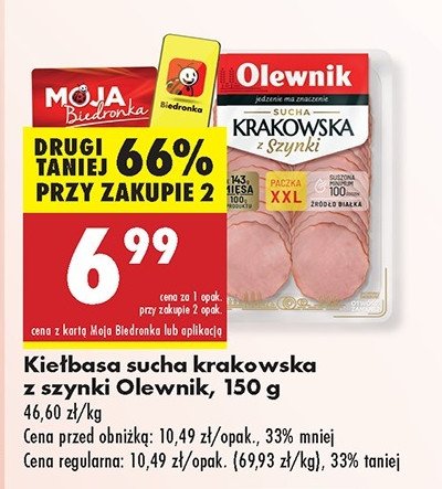 Kiełbasa krakowska sucha z szynki Olewnik promocja w Biedronka