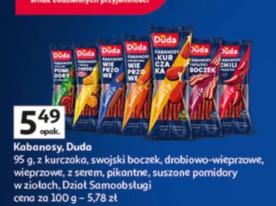 Kabanosy Duda 95 g (z kurczaka, swojski boczek, drobiowo-wieprzowe, wieprzowe, z serem, pikantne, suszone pomidory w złotach) promocja w Auchan