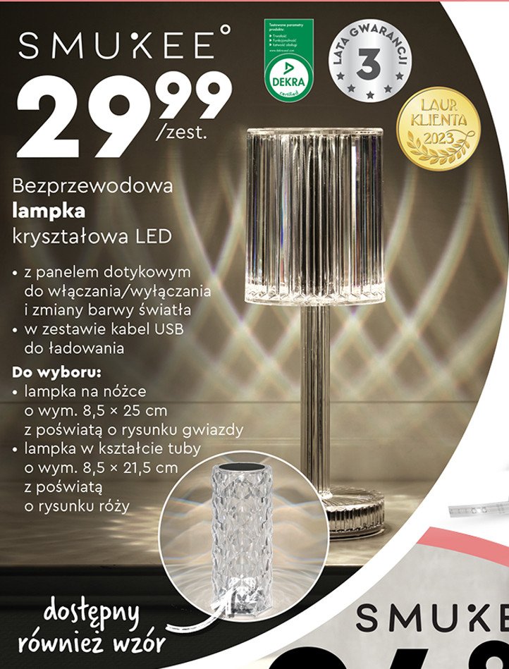 Lampka kryształowa led z panelem dotykowym 8.5 x 25 cm Smukee promocja