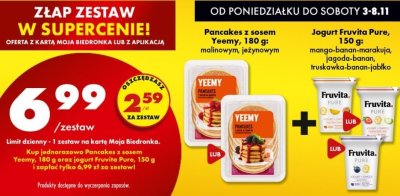 Zestaw Pancakes z sosem Yeemy 180g malinowym/jeżynowym + Jogurt Fruvita Pure 150g mango-banan-marakuja/jagoda-banan/truskawka-banan-jabłko promocja w Biedronka