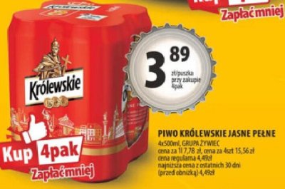 Piwo KRÓLEWSKIE JASNE PEŁNE 4x500ml promocja w Arhelan