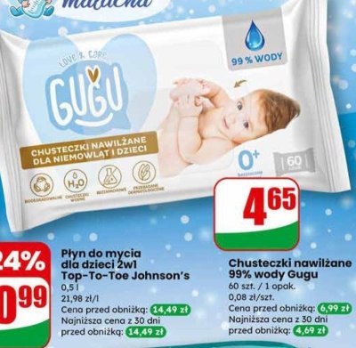 Chusteczki nawilżane 99% wody Gugu promocja w Dino