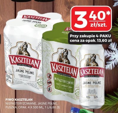 Piwo Kasztelan niepasteryzowane, jasne pełne, puszka, opak. 4 x 500 ml promocja w Top Market