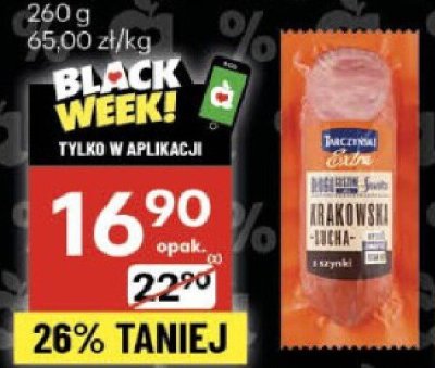 Kiełbasa krakowska sucha z szynki Tarczyński promocja w Delikatesy Centrum