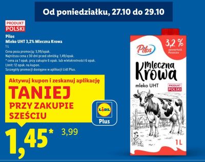 Mleko UHT 3,2% Mleczna Krowa Pilos 1l promocja w Lidl