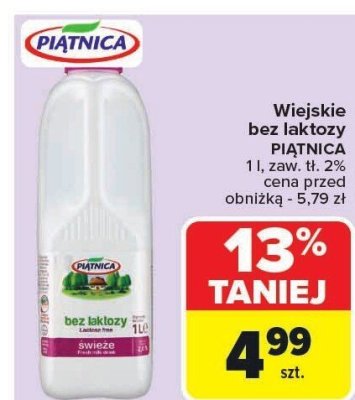 Mleko wiejskie bez laktozy PIĄTNICA 1l promocja w Carrefour Market