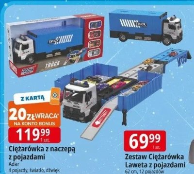 Ciężarówka z naczepą z pojazdami Adar promocja w Leclerc