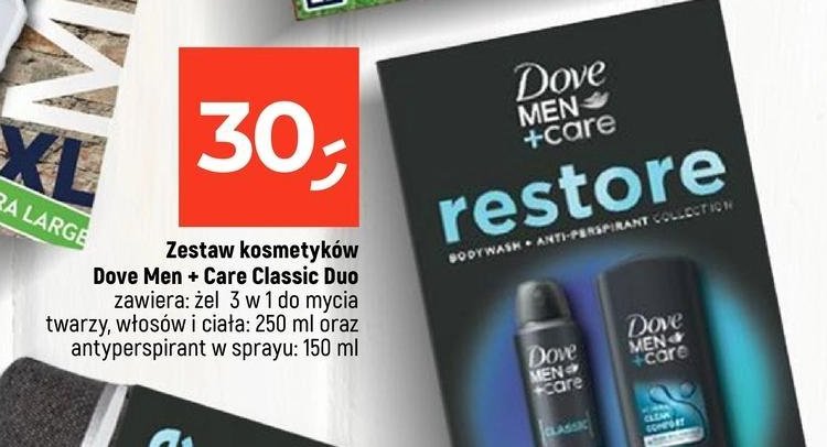 Zestaw w pudełku men+care żel pod prysznic clean comfort 250 ml + dezodorant w sprayu clean comfort 150 ml Dove zestaw promocja w Dealz