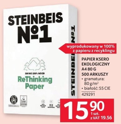 Papier ksero Steinbeis No1 ekologiczny A4 80 g 500 arkuszy gramatura wyprodukowany w 100% z papieru z recyklingu białość 55 CIE promocja w Selgros