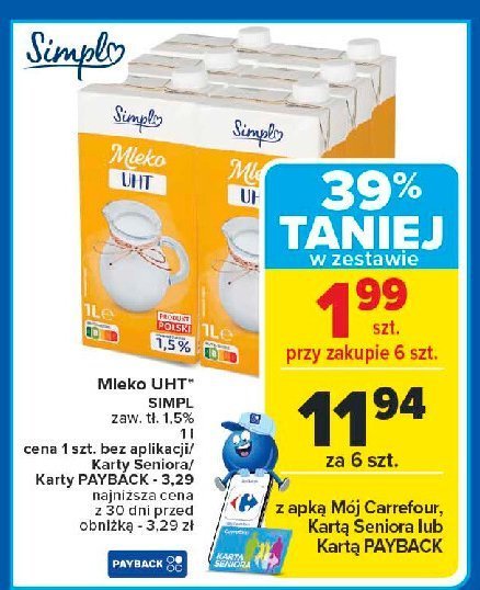 Mleko 1.5% Simpl promocja w Carrefour