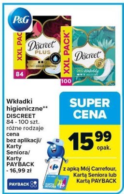 Wkładki higieniczne DISCREET PLUS różne rodzaje 84 szt. promocja w Carrefour Market