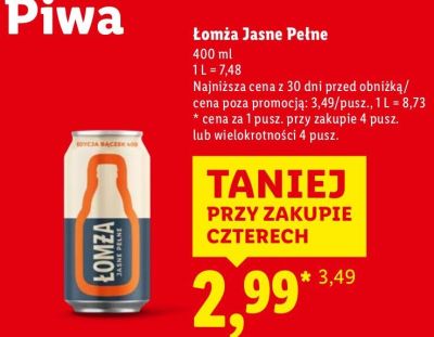 Piwo Łomża Jasne Pełne 400 ml promocja w Lidl