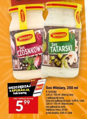 Sos Winiary czosnkowy lub tatarski, 250 ml promocja w Twój Market