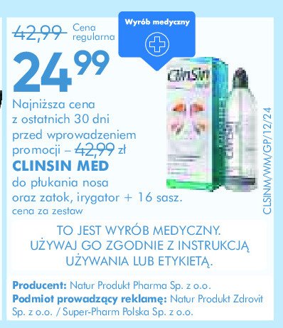 Zestaw do płukania nosa i zatok butelka + saszetki Clinsin med promocja w Super-Pharm