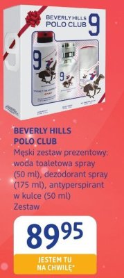 Męski zestaw prezentowy Beverly Hills Polo Club 9: woda toaletowa spray (50 ml), dezodorant spray (175 ml), antyperspirant w kulce (50 ml) promocja w Drogerie DM