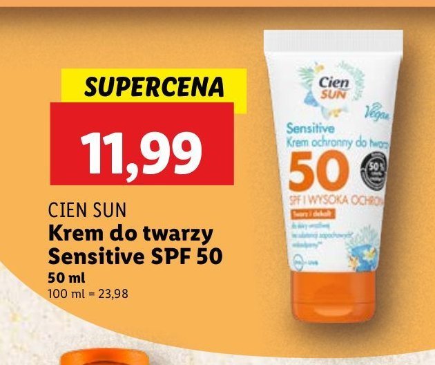 Krem do twarzy sensitive spf 50 Cien sun promocja w Lidl
