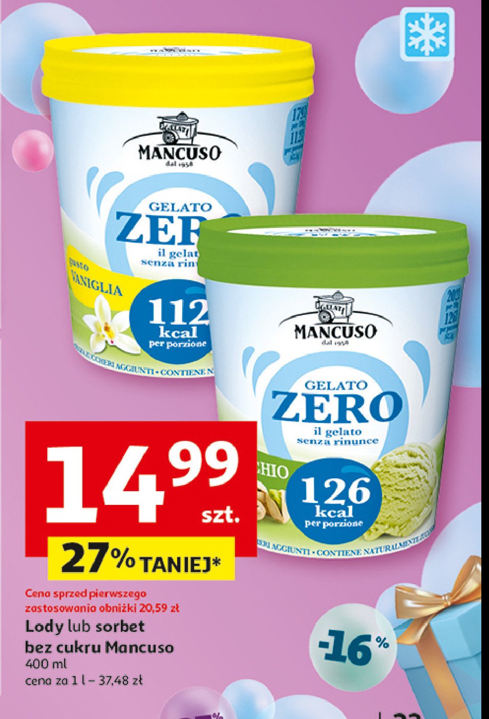 Lody bez cukru pistacjowe Mancuso gelati promocja w Auchan