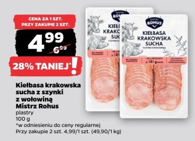 Kiełbasa krakowska sucha z szynki z wołowiną plastry promocja w Netto