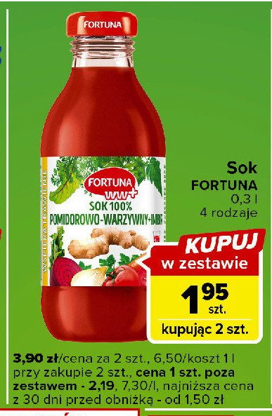 Sok 100% pomidorowo-warzywny z imbirem Fortuna ww+ promocja