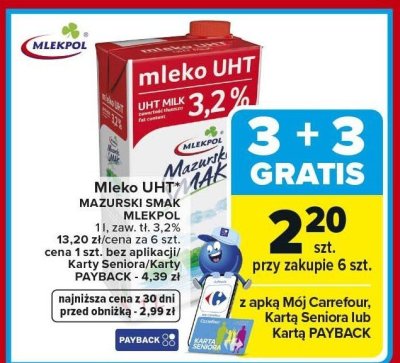 Mleko UHT 3,2% Mazurski Smak Mlekpol promocja w Carrefour Market