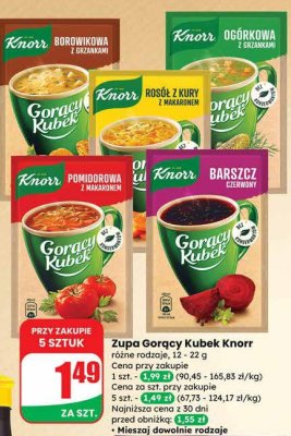 Zupa Gorący Kubek Knorr różne rodzaje: Borowikowa z grzankami, Ogórkowa z grzankami, Rosół z kury z makaronem, Pomidorowa z makaronem, Barszcz czerwony promocja w Dino