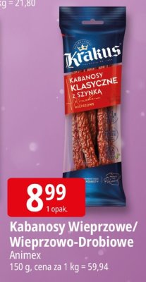 Kabanosy Wieprzowe/Wieprzowo-Drobiowe Krakus Animex promocja w Leclerc
