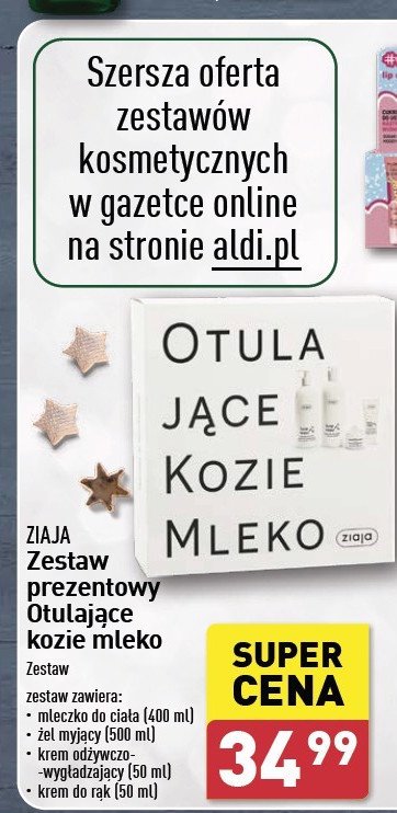 Zestaw w pudełku kozie mleko mydło pod prysznic 500 ml + mleczko do ciała 400 ml + krem odżywczo-wygładzający 50 ml + krem do rąk 50 ml Ziaja zestaw promocja w Aldi