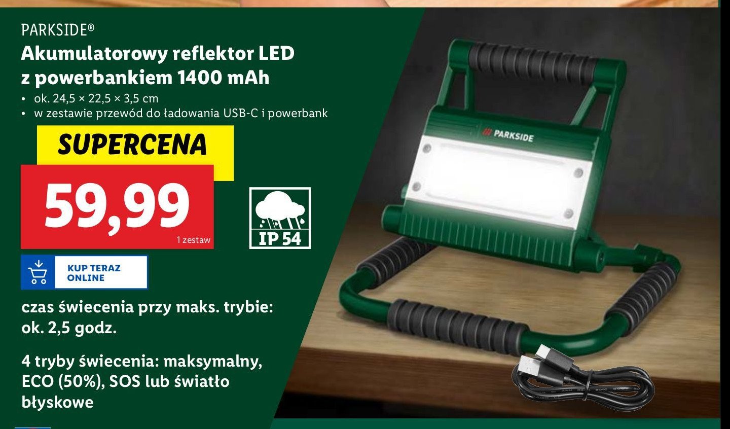 Reflektor led 20w z power bankiem 1400 mah Parkside promocja