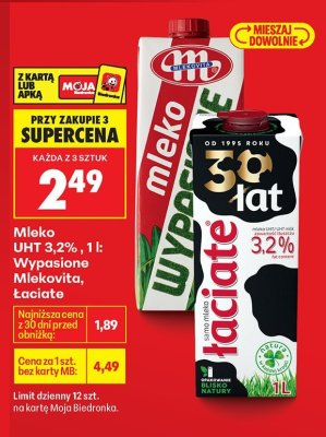Mleko UHT 3,2% Wypasione Mlekovita Łaciate 1l promocja w Biedronka