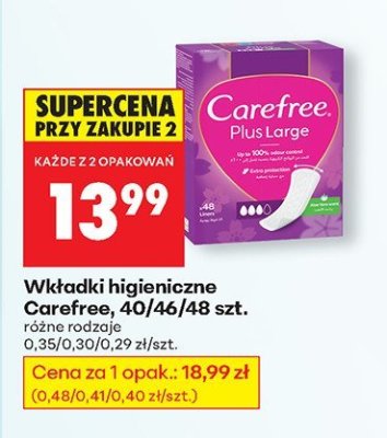Wkładki higieniczne Carefree, 40/46/48 szt. promocja w Biedronka