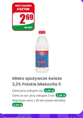 Mleko spożywcze świeże 3,2% Mlekovita 1l promocja w Dino
