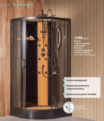 Kabina prysznicowa z hydromasażem Bamboo półokrągła 90 cm z niskim brodzikiem promocja w Castorama