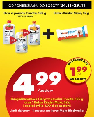 Zestaw: Skyr w pouchu Fruvita + baton Kinder Maxi promocja w Biedronka