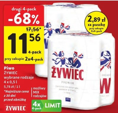 Piwo ŻYWIEC wybrane rodzaje 4 x 0,5 l promocja w Intermarche