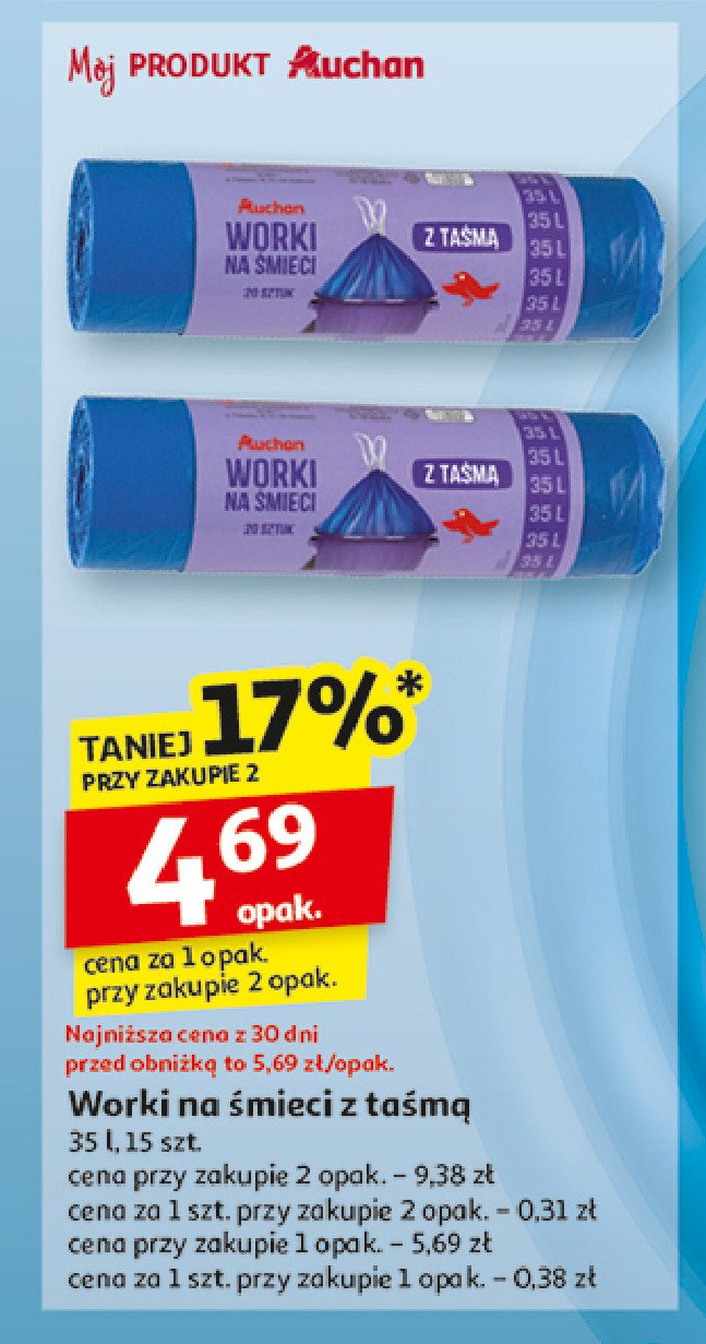 Worki na śmieci z taśmą  35 l Auchan promocja w Auchan