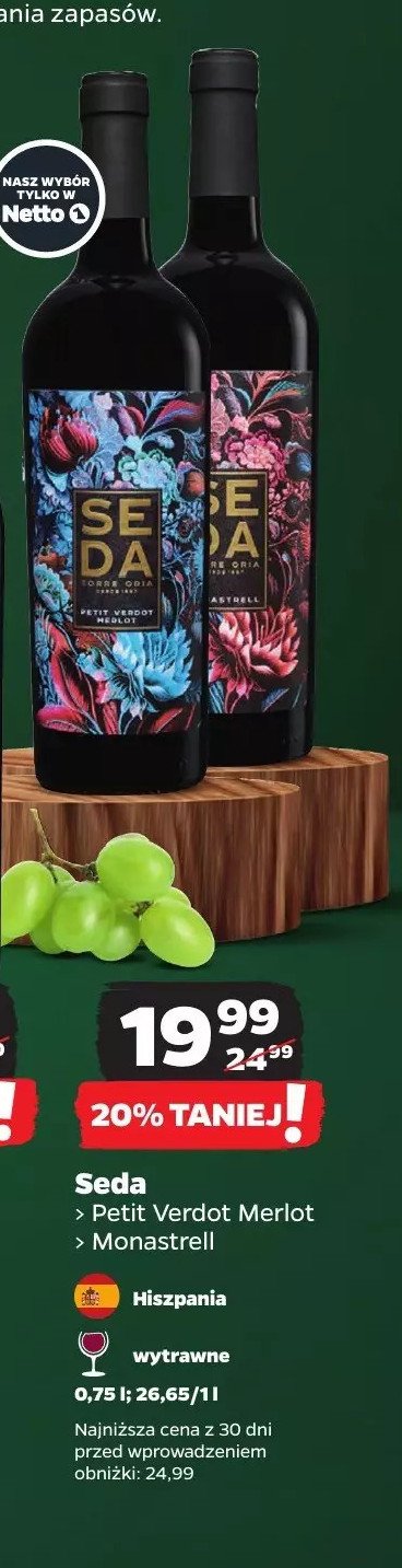 Wino wytrawne monastrell Seda torre oria promocja w Netto